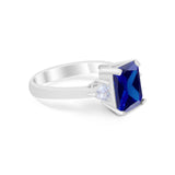 Three Stone Wedding Ring Emerald Cut Simulated Blue Sapphire CZ 925 Sterling Silver