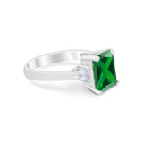 Three Stone Wedding Ring Emerald Cut Simulated Green Emerald CZ 925 Sterling Silver