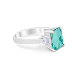 Three Stone Wedding Ring Emerald Cut Simulated Paraiba Tourmaline CZ 925 Sterling Silver