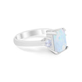 Three Stone Wedding Ring Emerald Cut Lab Created White Opal 925 Sterling Silver