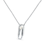 14K White Gold 0.10ct Pearl Charm Paperclip Natural Diamond Pendant Necklace 18" Long