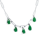 14K White Gold 1.65ct Green Emerald Five Pear Pendant Paperclip Chain Necklace 16" Long