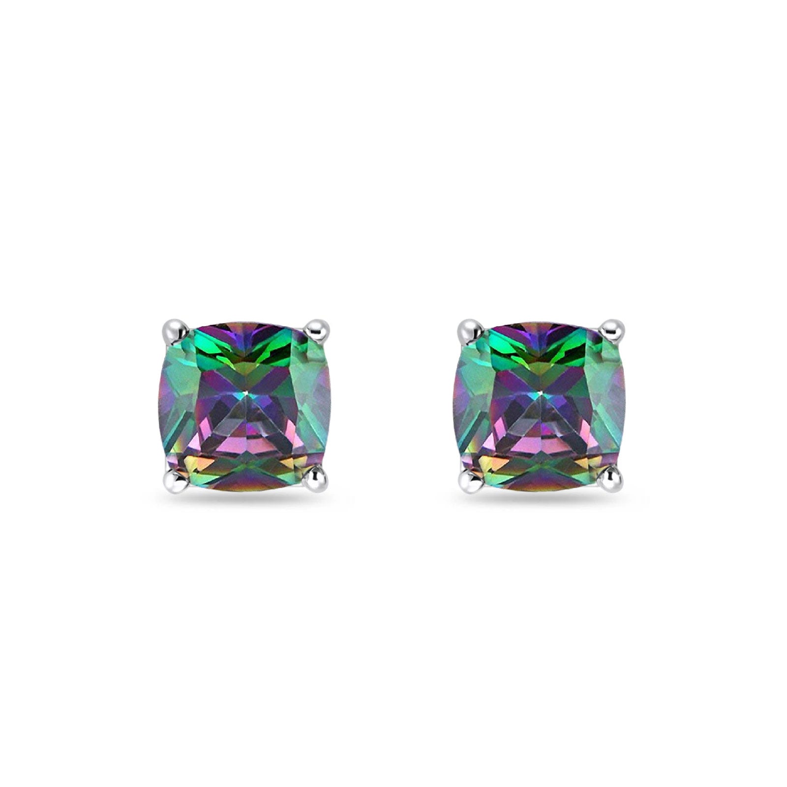 Solitaire Cushion Stud Earrings Simulated Rainbow CZ 925 Sterling Silver