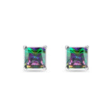 Solitaire Princess Cut Stud Earrings Simulated Rainbow CZ 925 Sterling Silver