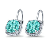 Halo Cushion Leverback Earrings Simulated Paraiba Tourmaline CZ 925 Sterling Silver