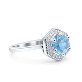 Art Deco Hexagon Shape Wedding Bridal Ring Round Simulated Aquamarine CZ 925 Sterling Silver