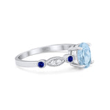Vintage Style Oval Bridal Wedding Ring Round Blue Sapphire Simulated Aquamarine CZ 925 Sterling Silver