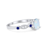 Vintage Style Oval Bridal Wedding Ring Round Blue Sapphire Lab Created White Opal 925 Sterling Silver