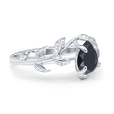 Art Deco Leaves Pear Vintage Style Bridal Wedding Engagement Ring Round Simulated Black CZ 925 Sterling Silver