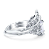 Two Piece Vintage Style Wedding Bridal Set Ring Band Oval Simulated Cubic Zirconia 925 Sterling Silver