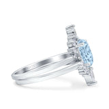 Two Piece Vintage Style Art Deco Wedding Bridal Set Ring Band Oval Simulated Aquamarine CZ 925 Sterling Silver