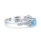 Two Piece Vintage Style Wedding Bridal Set Ring Band Round Simulated Aquamarine CZ 925 Sterling Silver