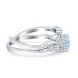 Two Piece Vintage Style Art Deco Engagement Bridal Set Ring Round Simulated Aquamarine CZ 925 Sterling Silver