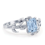 Art Deco Engagement Ring Natural Leaf Design Emerald Cut Simulated Aquamarine 925 Sterling Silver Wholesale