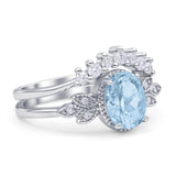Vintage Style Band Oval Piece Bridal Set Ring Simulated Aquamarine 925 Sterling Silver Wholesale