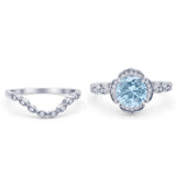 Round Floral Bridal Set Piece Vintage Style Engagement Ring Simulated Aquamarine 925 Sterling Silver Wholesale
