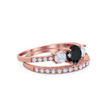Three Stone Two Piece Rose Tone Black CZ Bridal Ring 925 Sterling Silver Wholesale