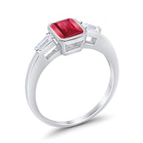 Three Stone Baguette Engagement Ring Simulated Ruby CZ 925 Sterling Silver