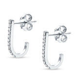 Solid 14K White Gold 12.7mm J Shaped Classic Hoop Push Back Stud Earring Round Diamond Wholesale