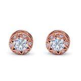 Art Deco Round Halo Engagement Stud Earrings Rose Tone, Simulated CZ 925 Sterling Silver