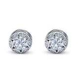 Art Deco Round Halo Engagement Stud Earrings Simulated Cubic Zirconia 925 Sterling Silver