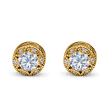 Art Deco Round Halo Engagement Stud Earrings Yellow Tone, Simulated CZ 925 Sterling Silver