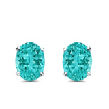 Art Deco Oval Wedding Bridal Solitaire Stud Earrings Simulated Paraiba Tourmaline CZ 925 Sterling Silver-8mmx6mm