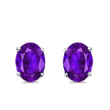 Art Deco Oval Wedding Bridal Solitaire Stud Earrings Simulated Amethyst CZ 925 Sterling Silver-7mmx5mm