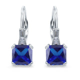 Cushion Cut Dangling Leverback Wedding Earrings Simulated Blue Sapphire CZ 925 Sterling Silver (15mm)