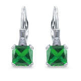 Cushion Cut Dangling Leverback Wedding Earrings Simulated Green Emerald CZ 925 Sterling Silver (15mm)