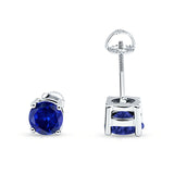 Solitaire Screw Back Stud Earring Brilliant Round Simulated Blue Sapphire CZ Solid 925 Sterling Silver