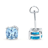 Solitaire Screw Back Stud Earring Excellent Cushion Cut Simulated Aquamarine CZ Solid 925 Sterling Silver