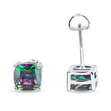 Solitaire Screw Back Stud Earring Excellent Cushion Cut Simulated Rainbow CZ Solid 925 Sterling Silver