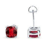 Solitaire Screw Back Stud Earring Excellent Cushion Cut Simulated Ruby CZ Solid 925 Sterling Silver
