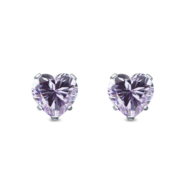 Heart Stud Earrings Simulated Lavender CZ 925 Sterling Silver (4mm