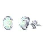 Art Deco Oval Stud Earring Created White Opal Solid 925 Sterling Silver (8mm)