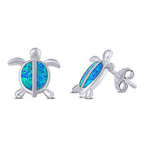 Turtle Stud Earring Lab Created Blue Opal Solid 925 Sterling Silver (14mm)