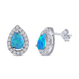 Halo Teardrop Pear Stud Earring Lab Created Blue Opal Solid 925 Sterling Silver (13mm)