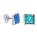 Princess Stud Earring Lab Created Blue Opal Solid 925 Sterling Silver (8mm)