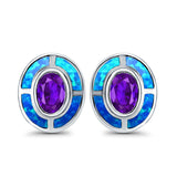 Oval Amethyst Stud Earrings Lab Created Blue Opal Simulated CZ 925 Sterling Silver (13mm)