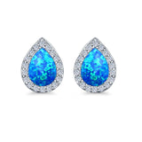Halo Pear Stud Earrings Lab Created Blue Opal Simulated CZ 925 Sterling Silver (11mm)