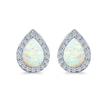 Halo Pear Stud Earrings Lab Created White Opal Simulated CZ 925 Sterling Silver (11mm)