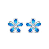 Flower Stud Earrings Lab Created Blue Opal Simulated CZ 925 Sterling Silver (7mm)