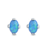 Solitaire Oval Stud Earrings Lab Created Blue Opal 925 Sterling Silver (9mm)