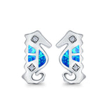 Seahorse Stud Earrings Lab Created Blue Opal 925 Sterling Silver (13mm)