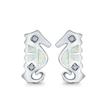 Seahorse Stud Earrings Lab Created White Opal 925 Sterling Silver (13mm)