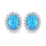 Halo Oval Stud Earrings Lab Created Blue Opal Simulated CZ 925 Sterling Silver (13mm)
