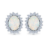 Halo Oval Stud Earrings Lab Created White Opal Simulated CZ 925 Sterling Silver (13mm)