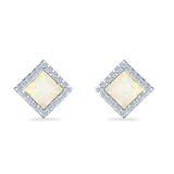 Halo Princess Stud Earrings Lab Created White Opal 925 Sterling Silver (14mm)