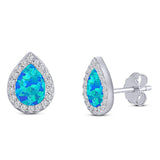 Halo Pear Stud Earring Simulated Cubic Zirconia Created Blue Opal Solid 925 Sterling Silver (11mm)